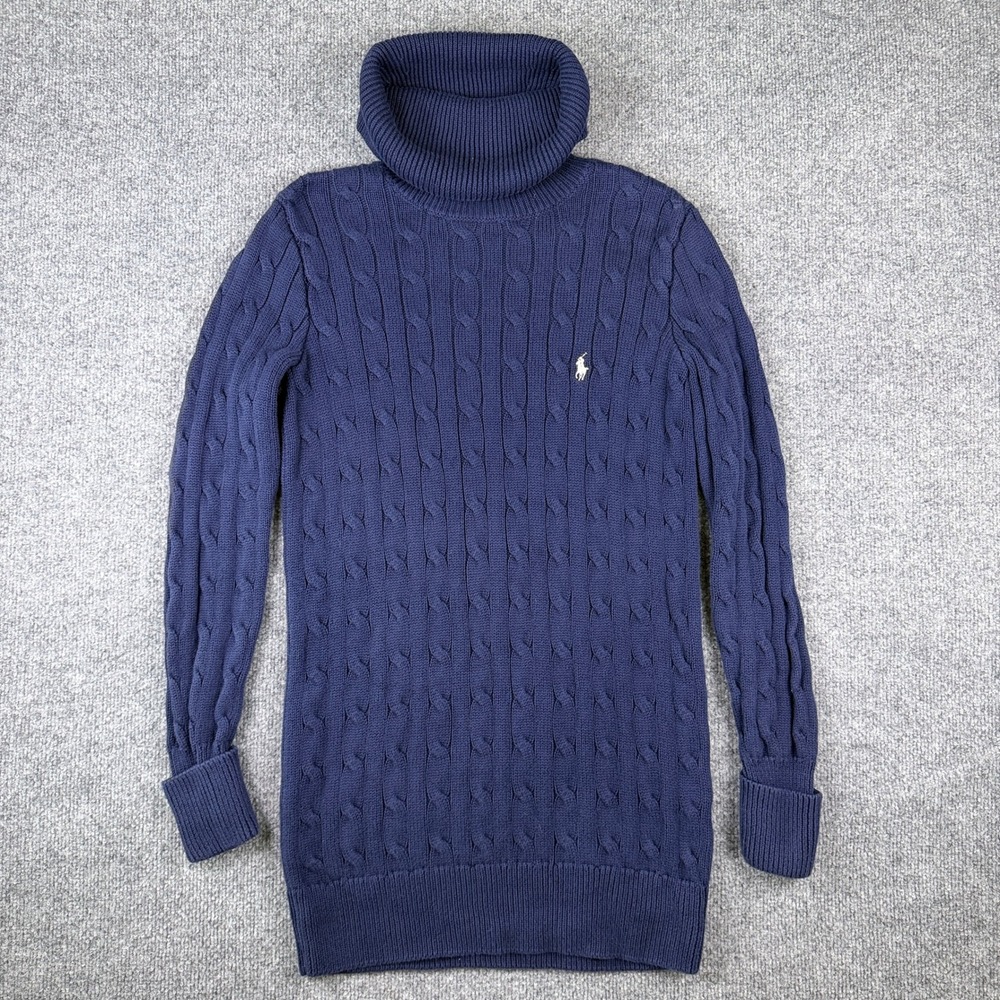 VTG Polo Ralph Lauren Cable Knit Sweater Dress Womens S Blue Turtleneck Y2K